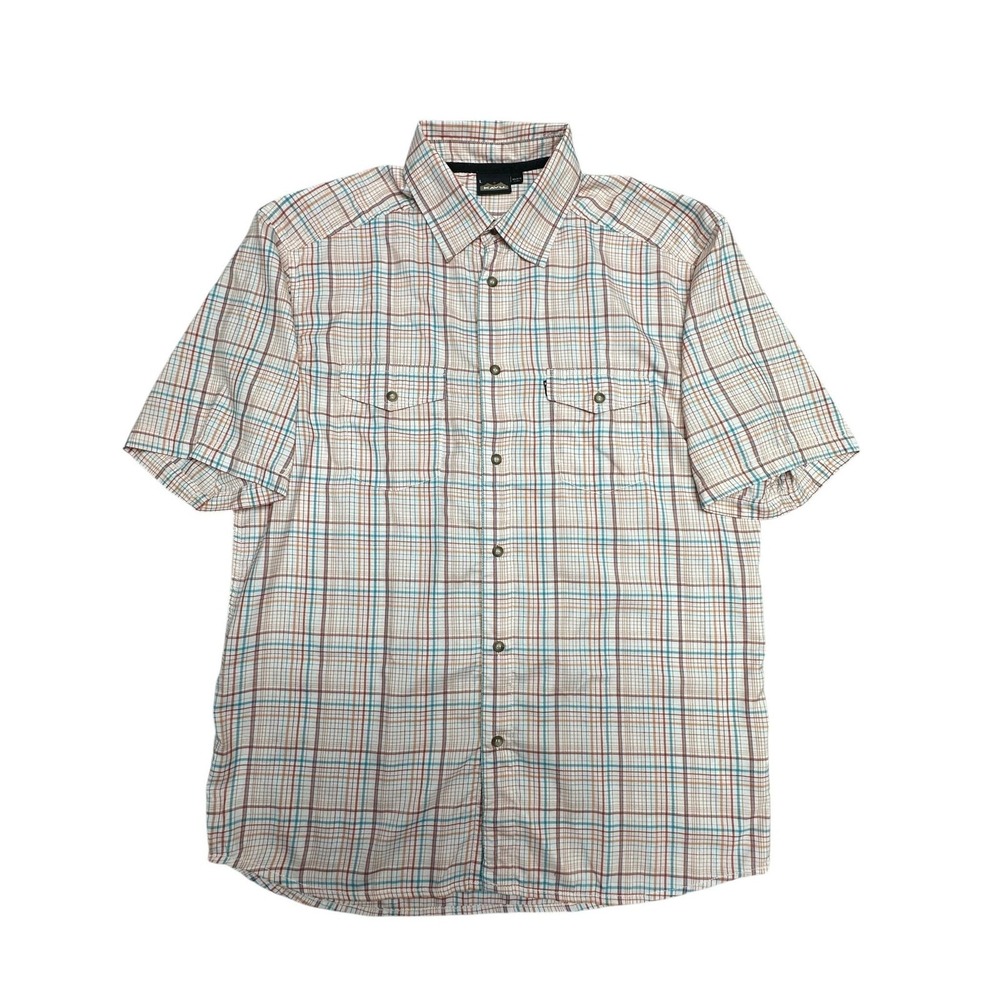 KAVU Shirt Mens Large White Plaid‎ Short Sleeve Button Up Polyester Outdoor